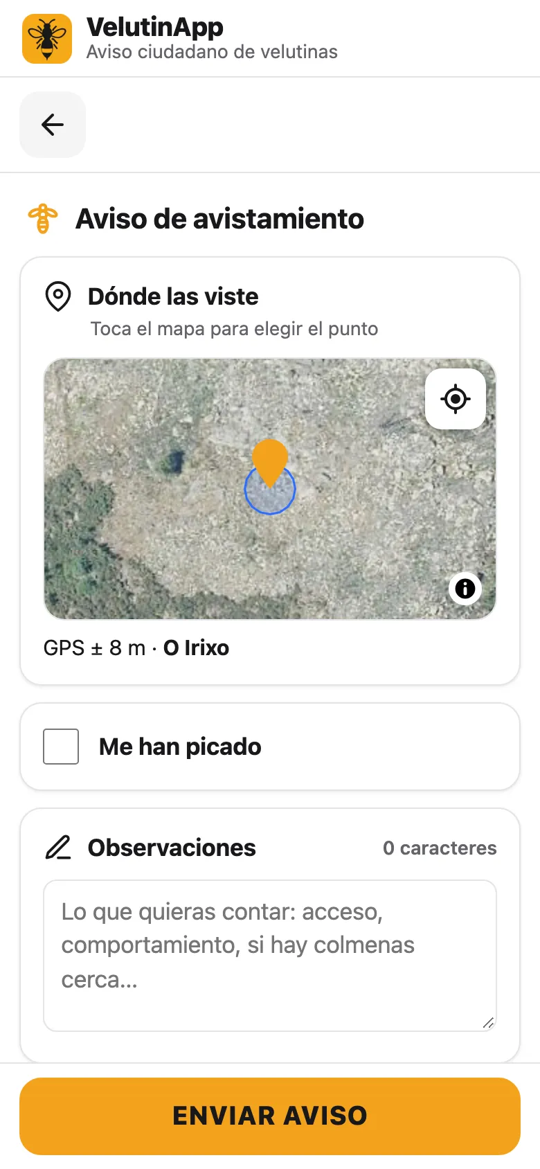Aviso de avistamiento con fotos de la velutina y la avispa común para compararlas