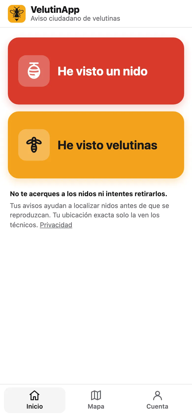 Pantalla de inicio de VelutinApp con dos botones: He visto un nido y He visto velutinas